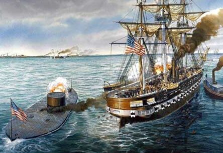 Impresión de la Guerra Civil que muestra la Batalla Naval del Monitor y El...